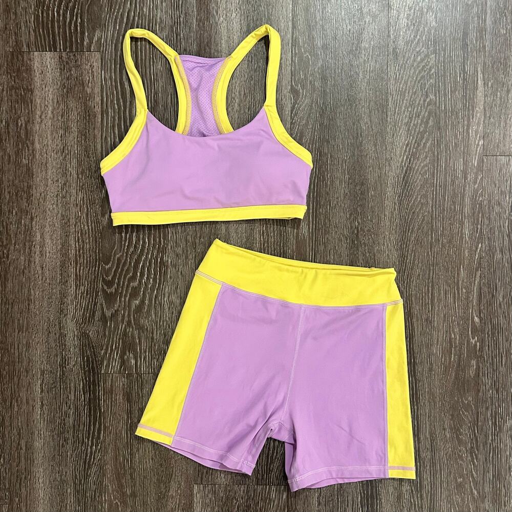MESHKI Becca Two Tone Lilac & Yellow Workout Set Sports Bra & Biker Shorts EUC - Picture 7 of 16